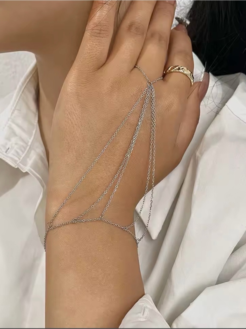 Stainless Steel Vintage Layered Hand Chain Bracelets Ring Bracelet